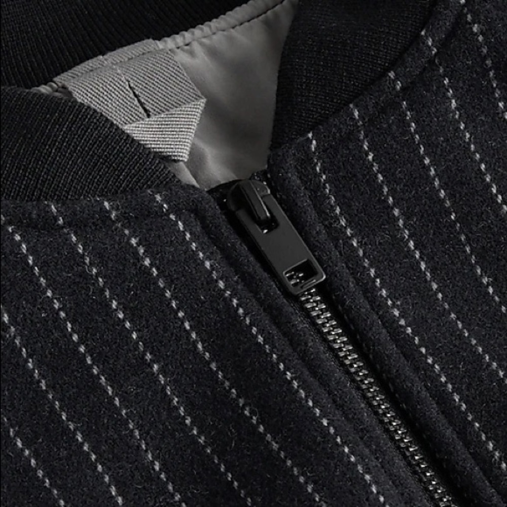 Express Mens Navy Striped Wool-Blend Bomber Jacket